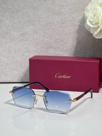 Cartier sunglasses with light blue lenses, black frame, and gold metal accents.