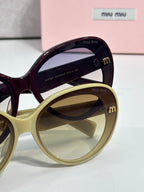 MiuMiu burgundy and light lime round sunglasses with gold logo arms