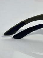 Prada sunglasses bridge and temples close-up with dark blue-tinted finish