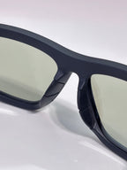 Prada sunglasses temple close-up with dark frame and smooth curved design