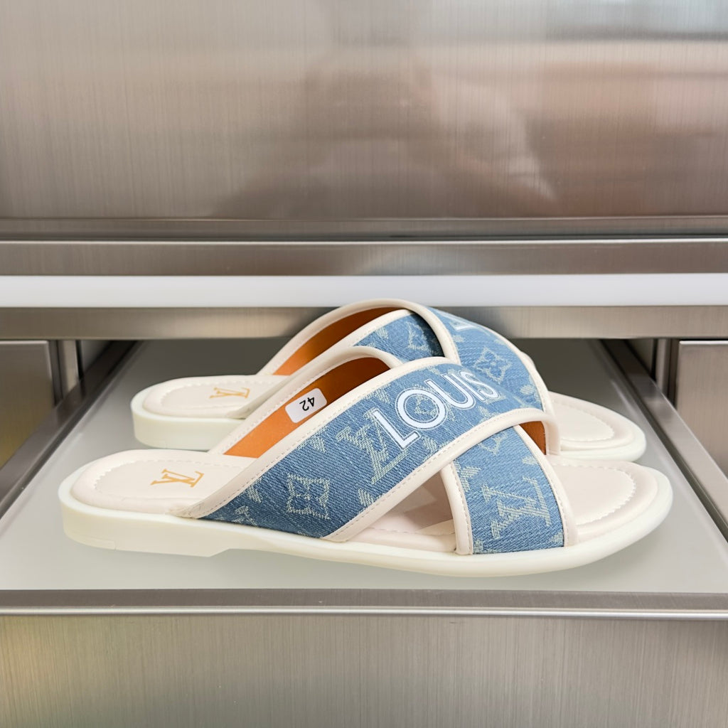 Louis Vuitton logo slide sandals, blue monogram strap with white trim