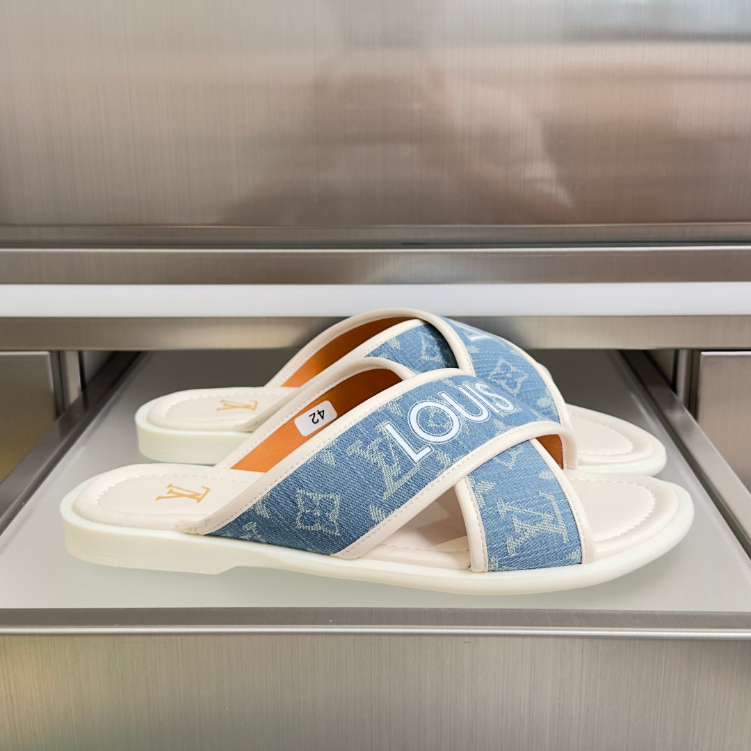 Louis Vuitton logo slide sandals, blue monogram strap with white trim