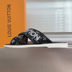 Louis Vuitton slide sandals, black monogram upper with white sole.