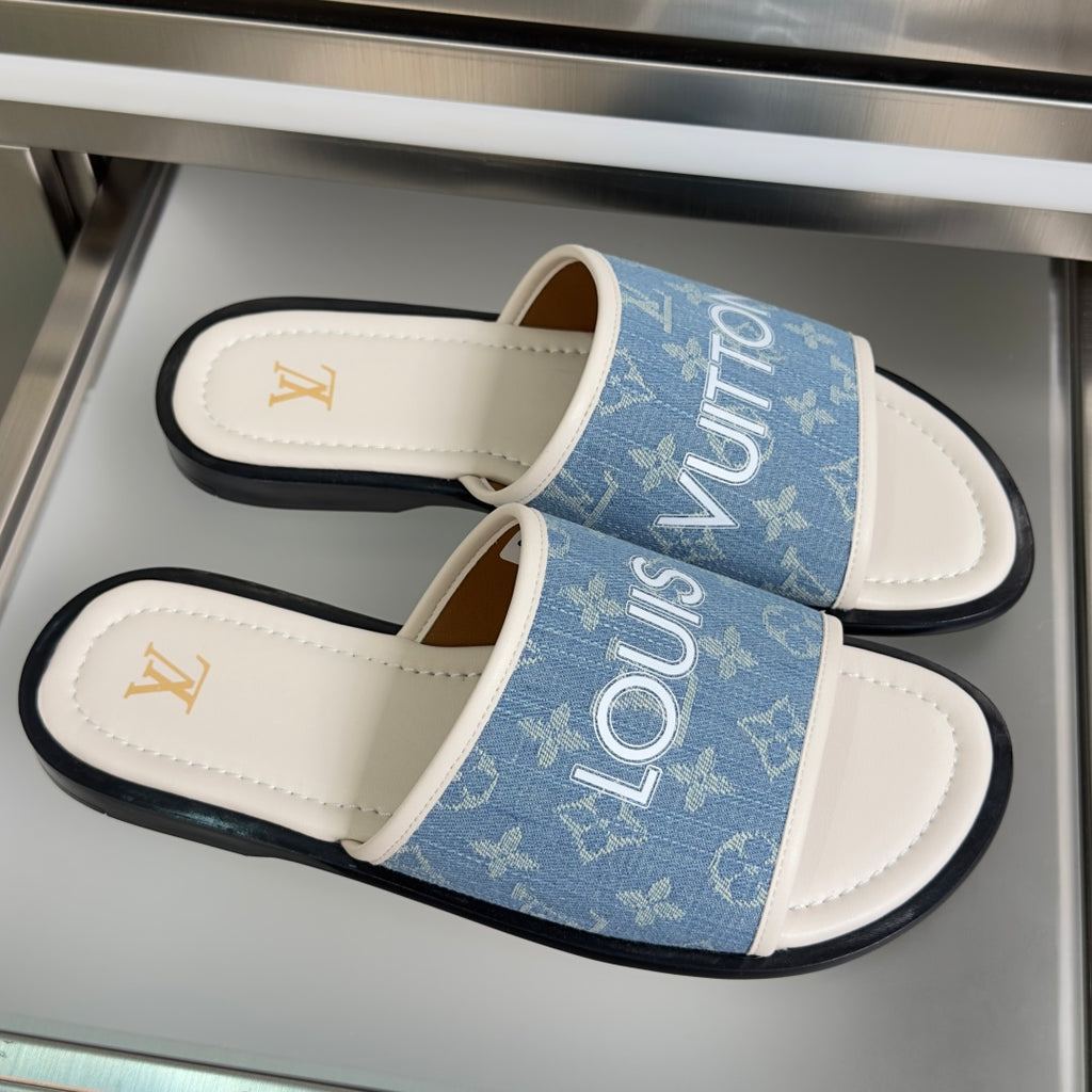 Louis Vuitton blue monogram slide sandals with white footbeds and black trim