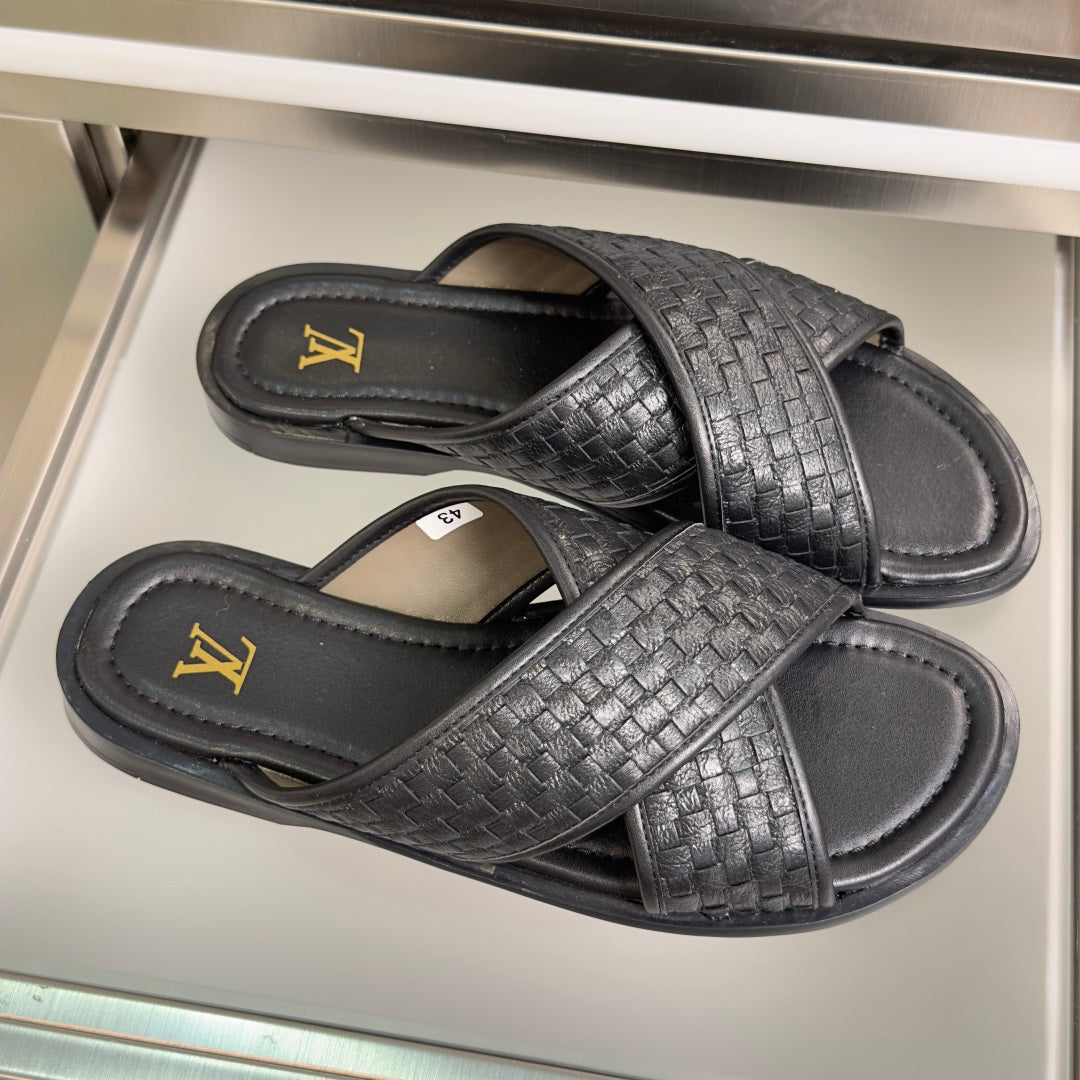 Louis Vuitton black woven leather slide sandals with logo footbed and cross strap