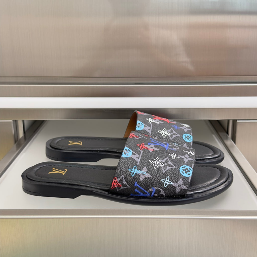 Louis Vuitton slide sandals, black with multicolor monogram strap and flat sole