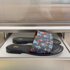 Louis Vuitton slide sandals, black with multicolor monogram strap and flat sole
