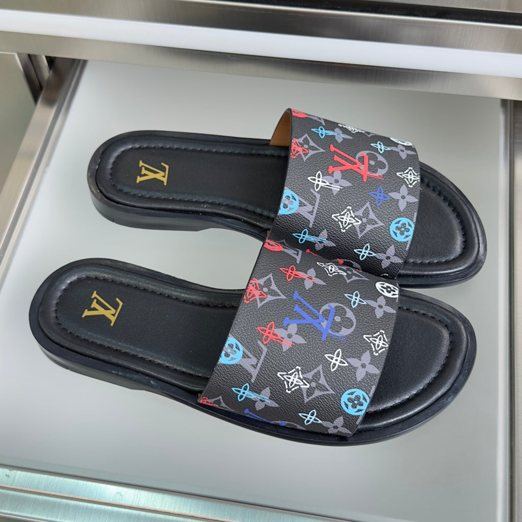 Louis Vuitton slide sandals, black with multicolor monogram strap, wide band