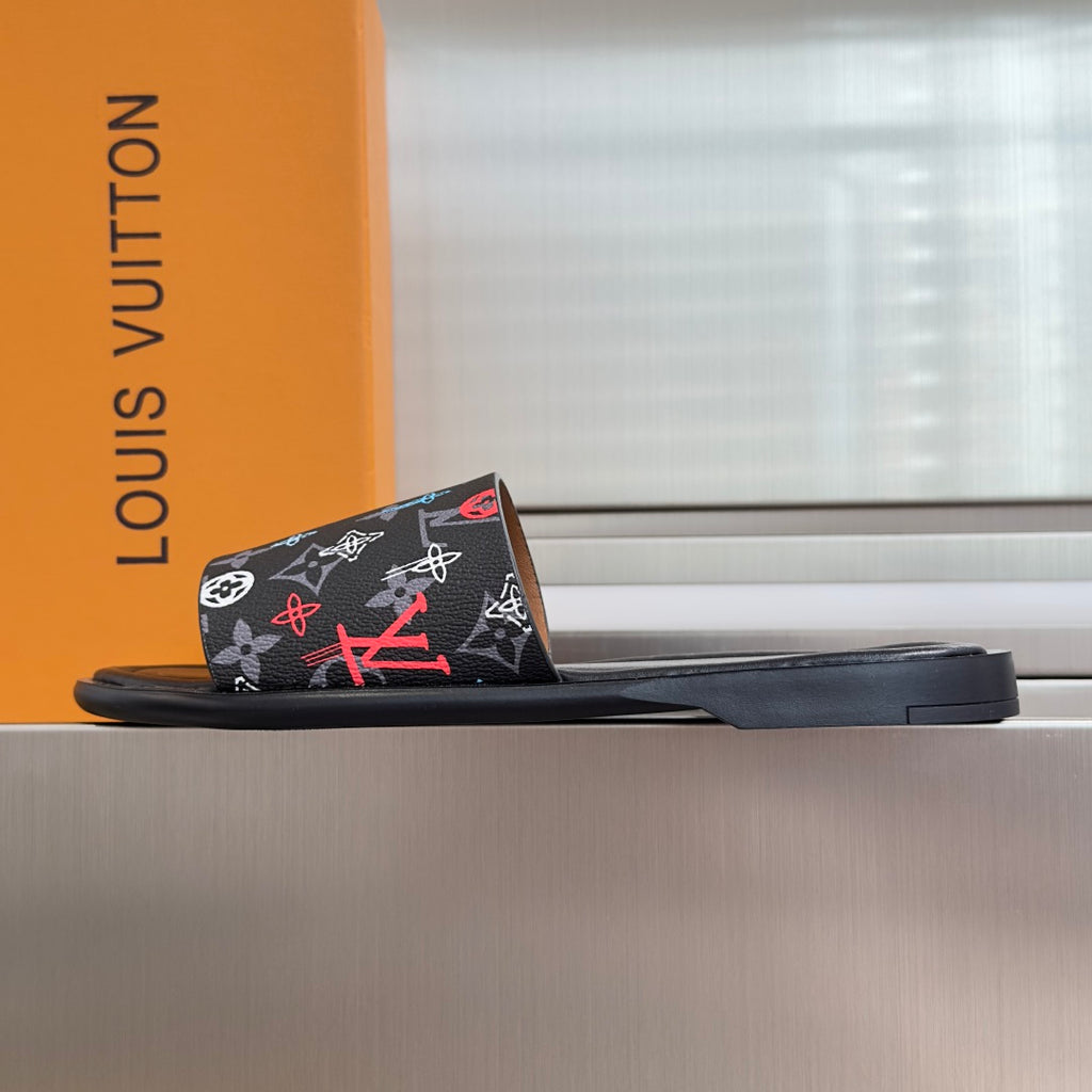 Louis Vuitton slide sandals with multicolor monogram strap and dark rubber sole