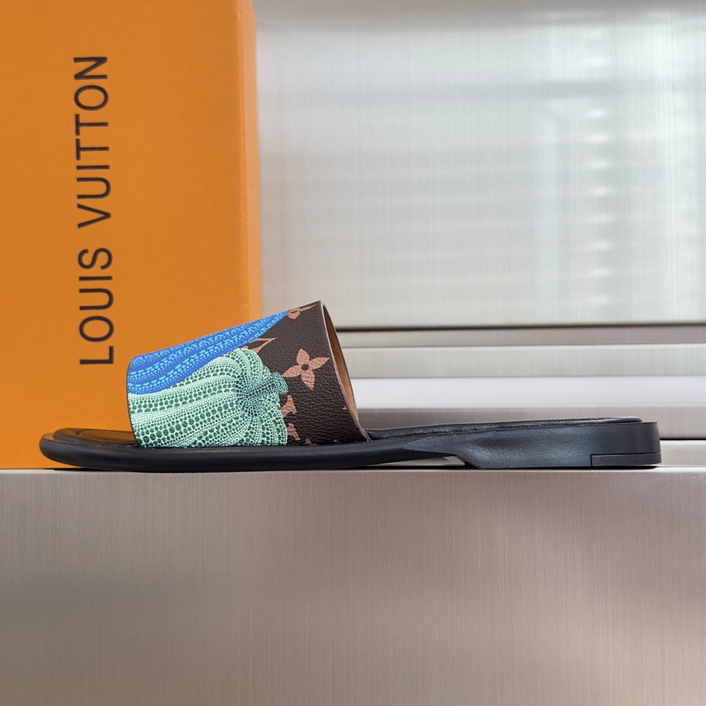 Louis Vuitton slide sandals with brown strap, colorful wave knit, and flat black sole