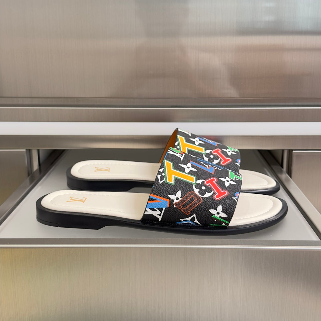 Louis Vuitton slide sandals with black multicolor logo-print straps