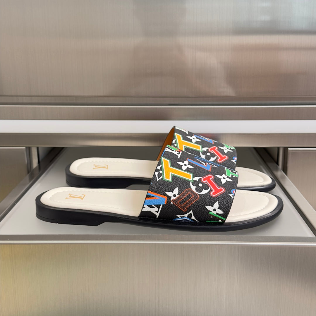 Louis Vuitton slide sandals with black multicolor logo-print straps