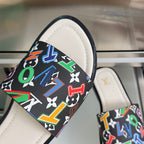 Louis Vuitton slide sandals with black multicolor logo strap and white lining