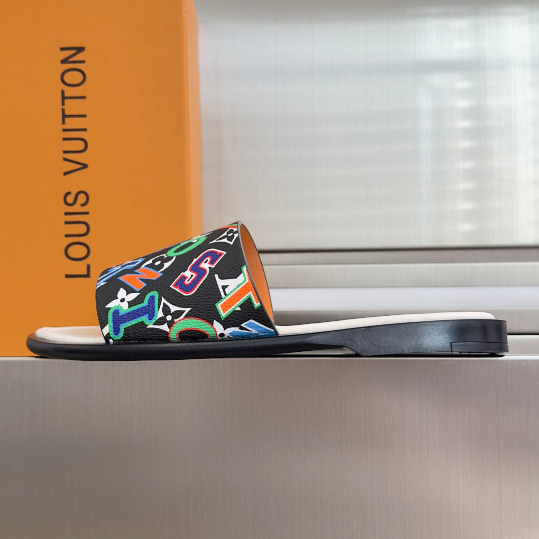 Louis Vuitton slide sandals with logo-print strap and blue-gray sole