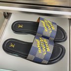 Louis Vuitton slide sandals, top view, blue check cross strap over black leather footbeds