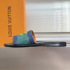Louis Vuitton slide sandals with multicolor monogram strap and low black sole