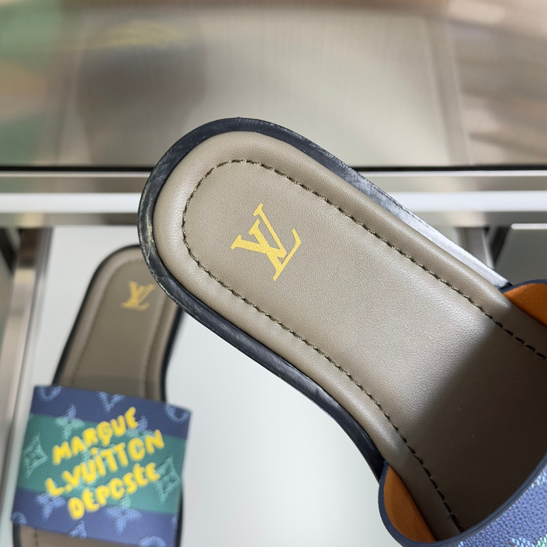 Louis Vuitton sandal strap close-up with beige footbed and gold LV logo stitching