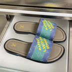 Louis Vuitton slide sandals with multicolor monogram strap, beige footbed, black sole