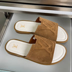 Brown suede slide sandals with two-tone look, LV logo on white insole.