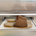 Suede slide sandals, brown, LV logo on footbed and tan rubber sole
