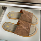 Suede slide sandals, brown, wide strap with LV monogram cutout, tan sole