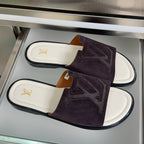 Suede slide sandals, dark purple, with LV monogram on white footbeds