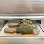 Louis Vuitton suede slide sandals, olive green with logo on strap