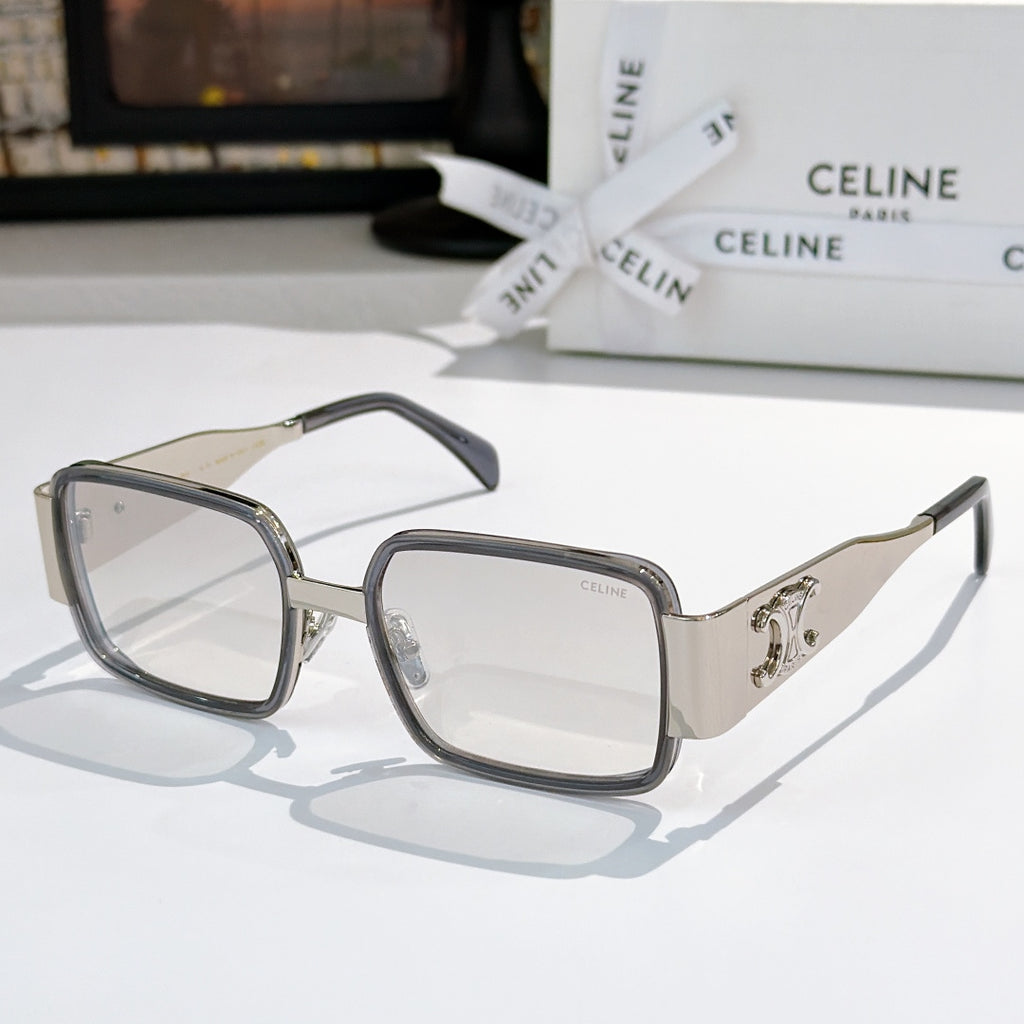 Celine square sunglasses with gray frames and clear lenses, with dark gray arms
