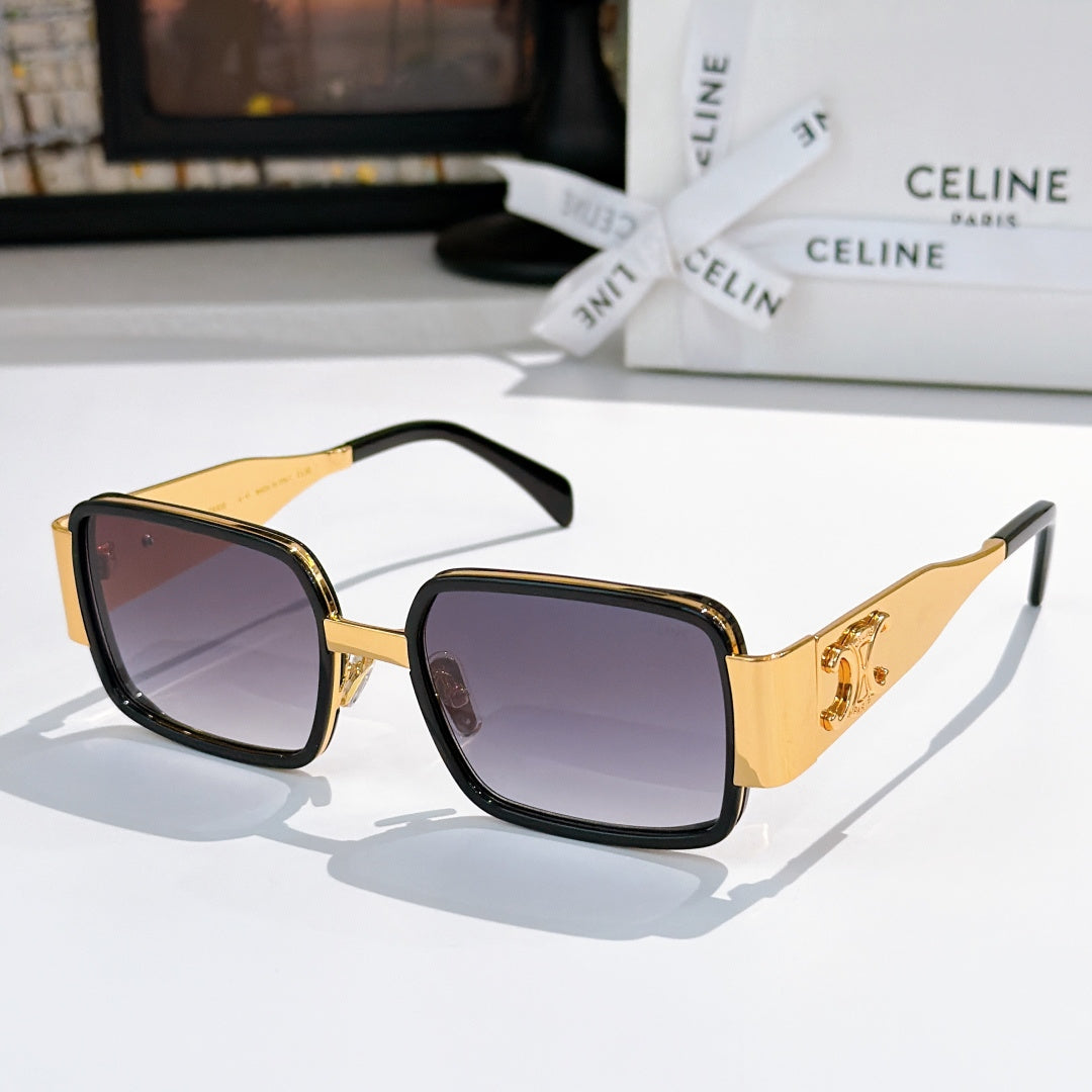 Celine square sunglasses with tortoise frames, dark purple lenses, and gold detail