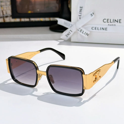 Celine square sunglasses with tortoise frames, dark purple lenses, and gold detail
