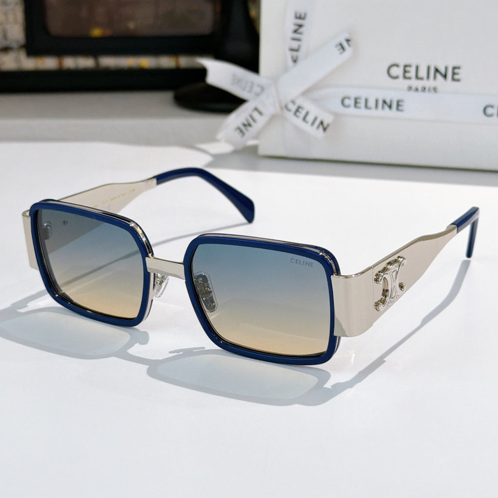 Celine square sunglasses with blue frames, clear lenses, and silver temple arms