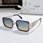 Celine square sunglasses with blue frames, clear lenses, and silver temple arms