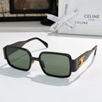 Celine square sunglasses with black frames, green lenses, and gold accent hardware