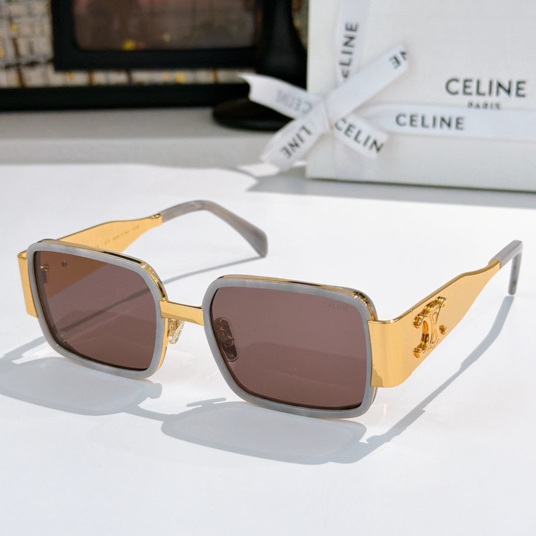 Celine square sunglasses with gold frames and brown lenses, with light gray arms