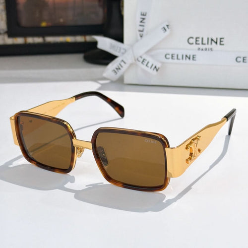 Celine square sunglasses with tortoise frames, brown lenses, and gold detail