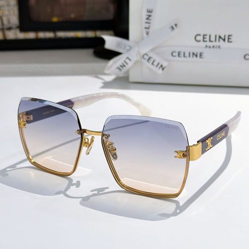 Celine sunglasses with gold-tone frame and light blue gradient lenses, square cat-eye shape