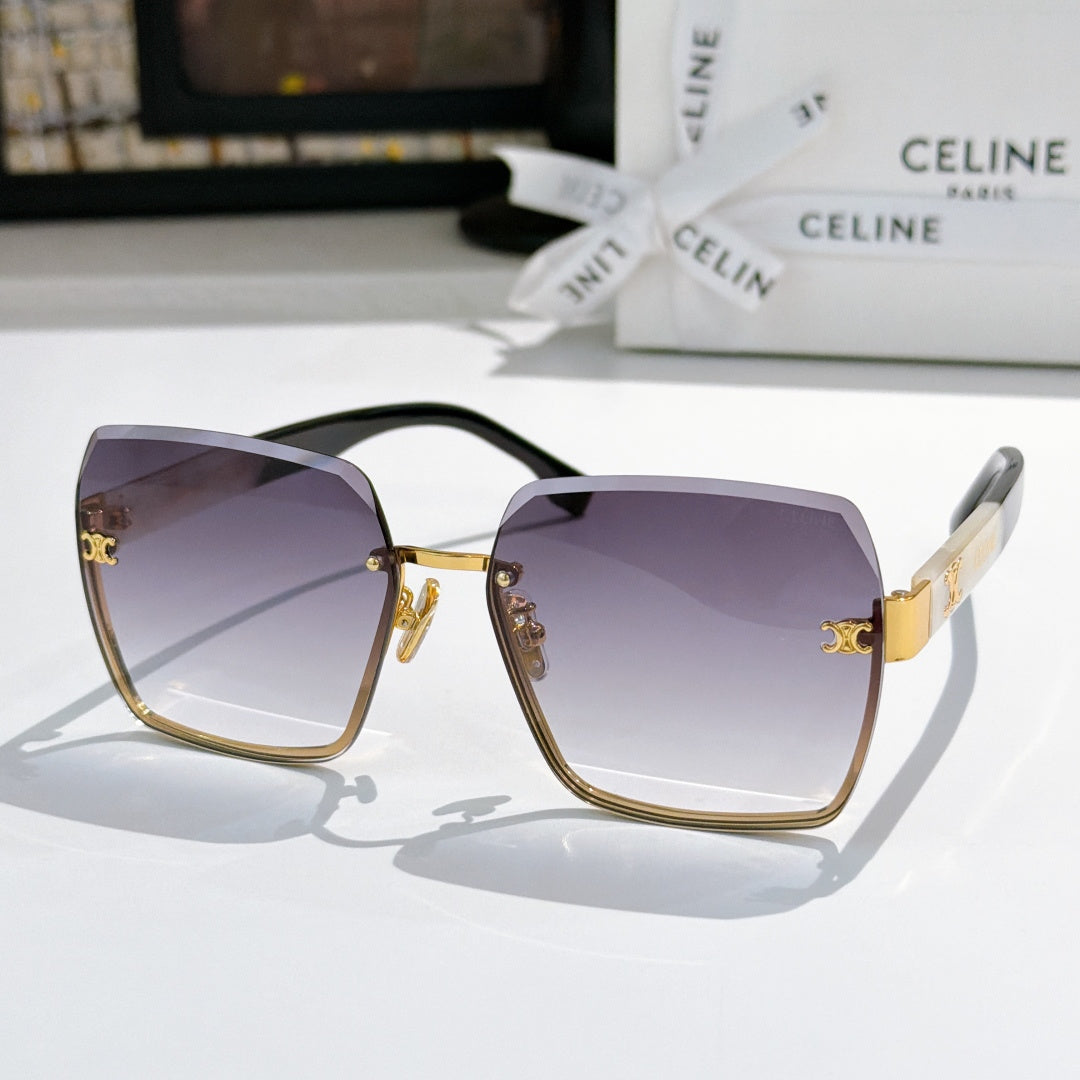 Celine sunglasses with gold-tone frame and purple gradient lenses, square cat-eye shape