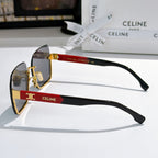 Celine sunglasses side view with black frame, gold hinges, and red temple stripe