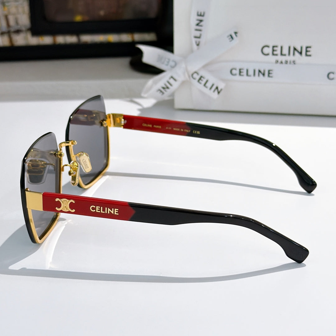 Celine sunglasses side view with black frame, gold hinges, and red temple stripe
