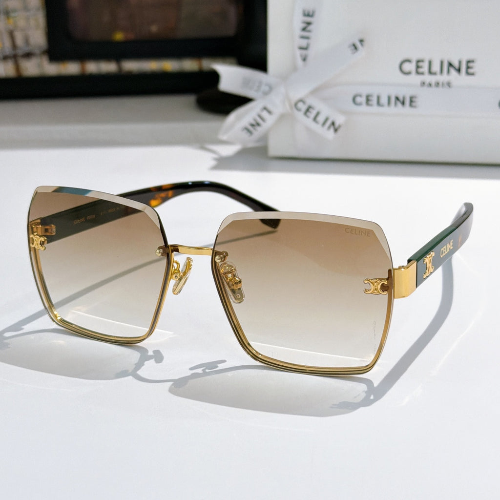 Celine sunglasses with gold-tone frame and tan gradient lenses, square cat-eye shape