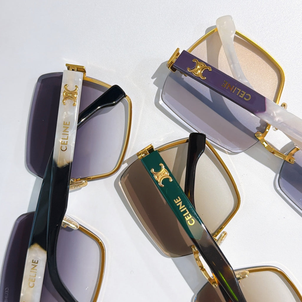 Celine sunglasses set with dark frames and multicolor temple accents, gold-tone detailing