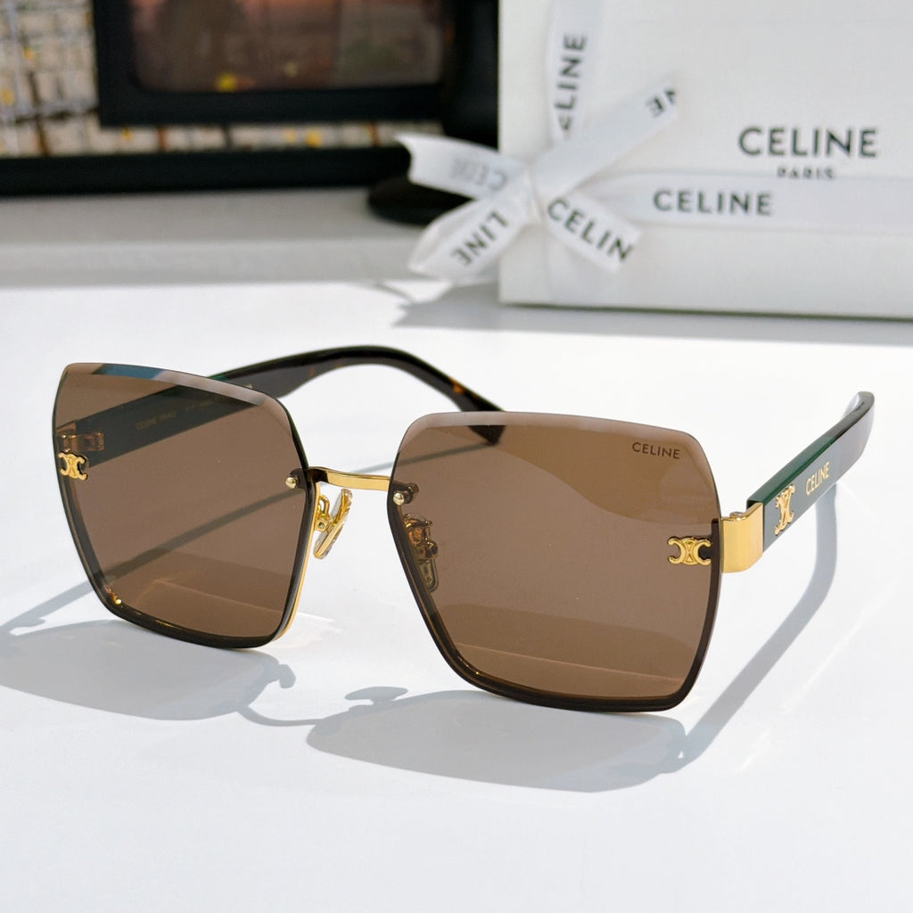 Celine sunglasses with gold-tone frame and brown gradient lenses, square cat-eye shape