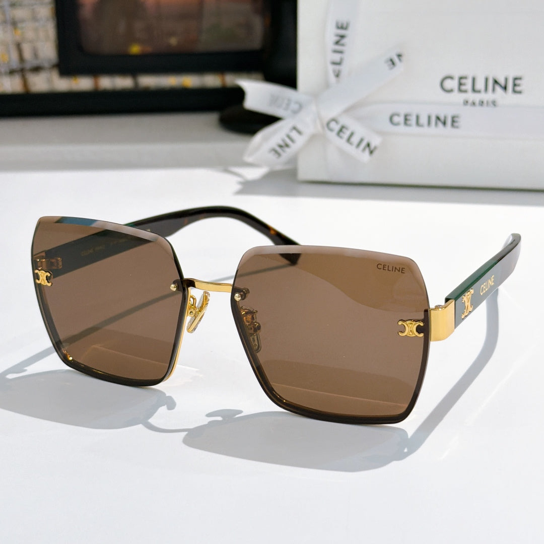 Celine sunglasses with gold-tone frame and brown gradient lenses, square cat-eye shape