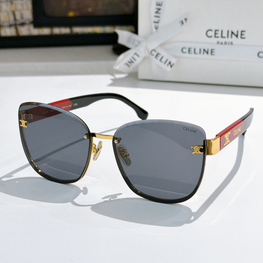 Black cat-eye sunglasses with dark lenses and red logo temple band