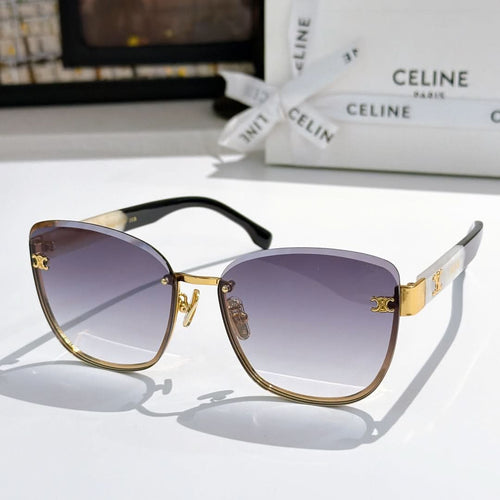 Black cat-eye sunglasses with purple gradient lenses and gold temple accents