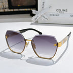 Celine sunglasses with black frame, gold temples, and purple gradient lenses