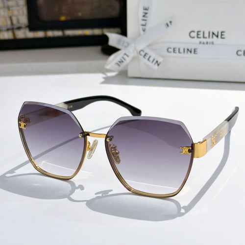 Celine sunglasses with black frame, gold temples, and purple gradient lenses