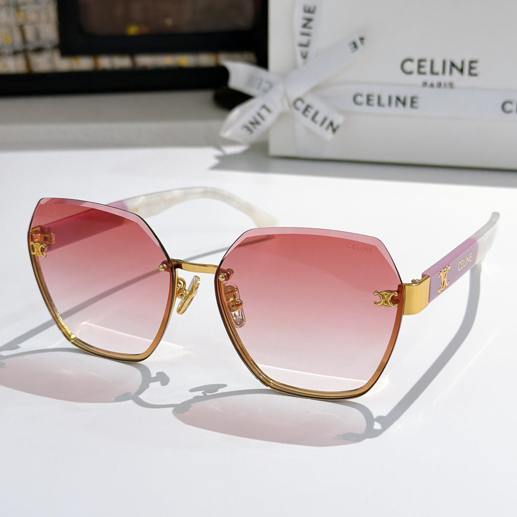 Celine sunglasses with pink gradient lenses, gold-tone frame, and red-tinted temples