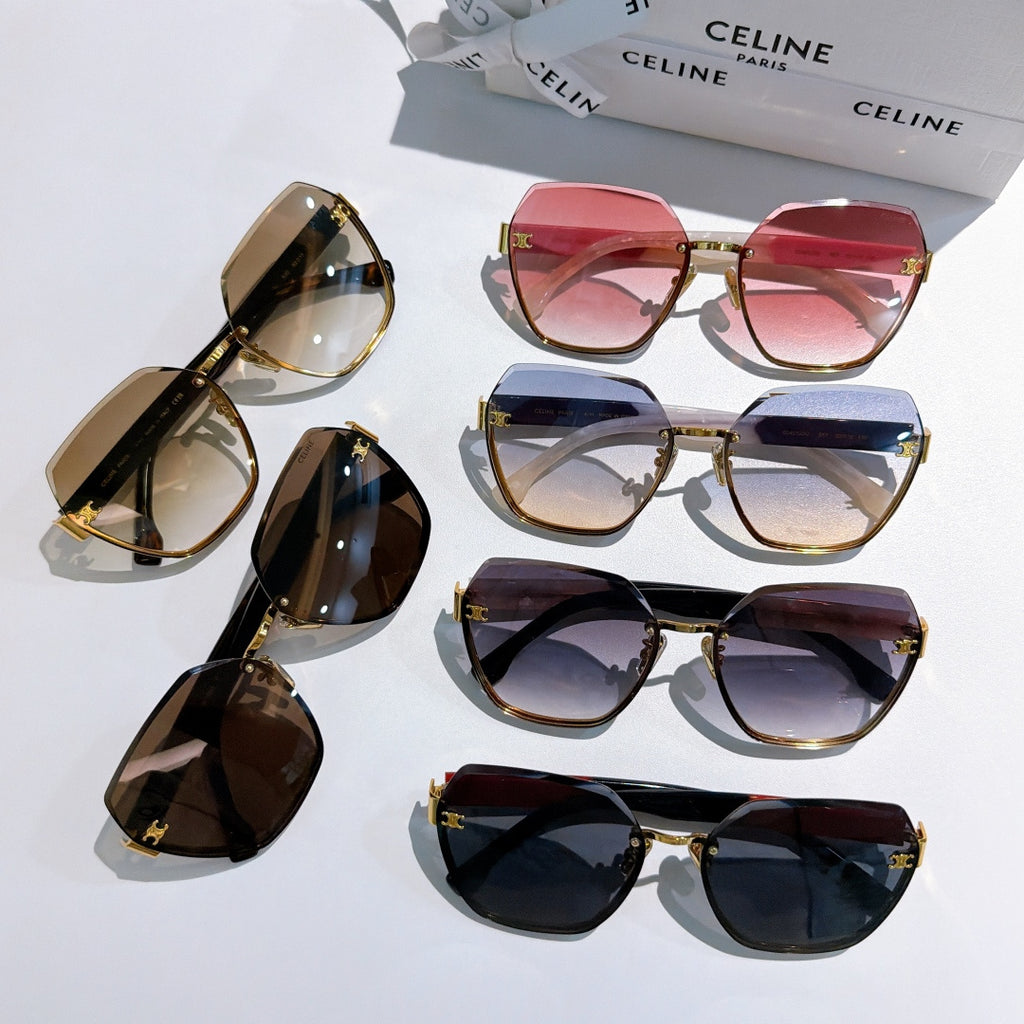 Celine sunglasses collection with multiple colored lenses and gold frames on display