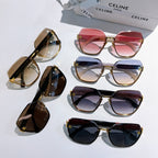 Celine sunglasses collection with multiple colored lenses and gold frames on display